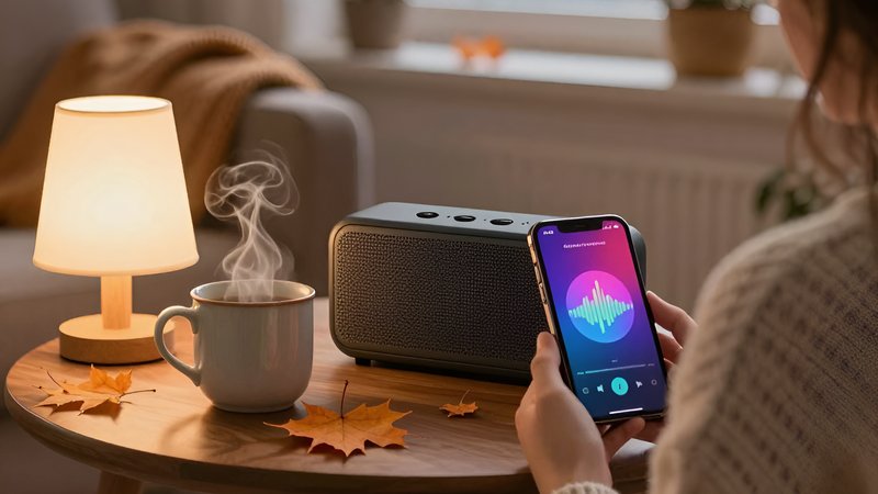 Уютный уголок с колонкой и смартфоном, чтобы скачать атмосферную музыку в MP3 осенью